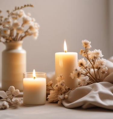 Numerous lit candles of varying heights are organized on several shelves, with wax dripping down the sides, creating an ambient and warm glow.