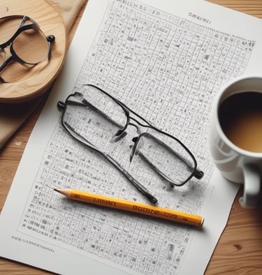 create an image with open book with search word puzzles, on the left pencil, glassess, on the right,