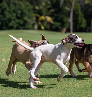 a group of puppies running through a field