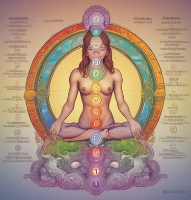 a woman sitting in a lotus position with seven chakrai chakrai cha