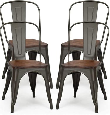 Set of Four Brown Leather Industrial Dining Chairs