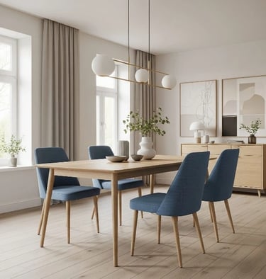 Elegant Minimalist Dining Room with Sleek Furniture and Light, Airy Aesthetic