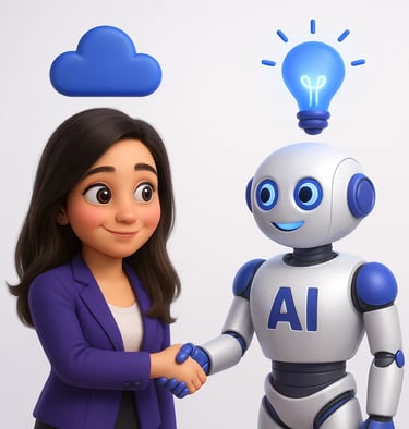 Dara SALINAS fondatrice de Finexalys, serre la main a un Agent AI pour travailler ensemble.