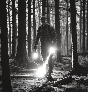 a man walking through a forest with a light shining through the trees