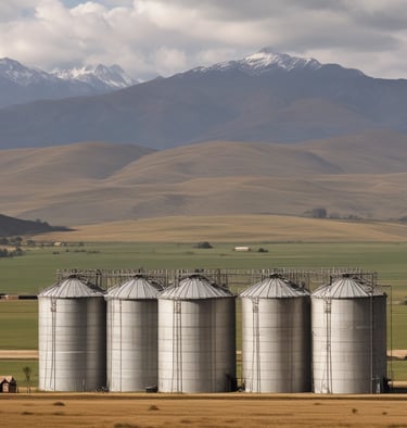 A row of cows with brown and white markings is lined up inside a barn, eating fresh green hay from a feeding trough. The animals are collared and numbered, and the barn's structure includes metal bars and wooden elements. Sunlight filters through the open areas.