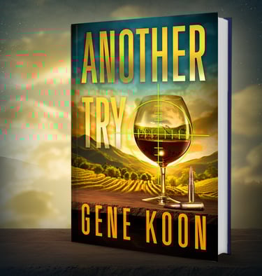Exciting new book, ANOTHER TRY book cover.Wine glass with a sniper scope in the crosshairs.