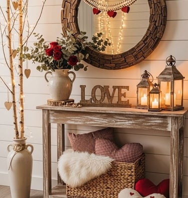 Rustic Valentine's Day entryway decor with wooden console table, lanterns, red roses, and heart-shaped pillows.