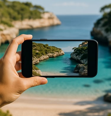 Mano sosteniendo un móvil capturando una vista de aguas turquesas y acantilados en Mallorca – Maiorca Unlocked.