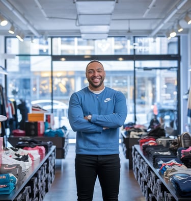 Confident Albany, New York small business owner standing in a modern clothing store after securing a