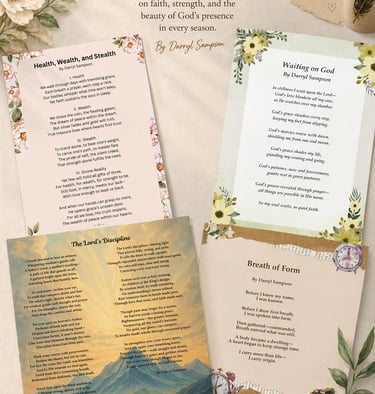 A collection of inspirational Christian poems printed on elegant stationery with floral illustrations and religious themes.