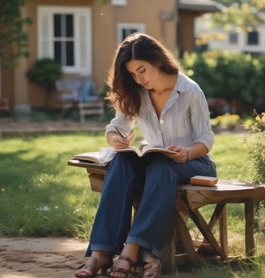 A woman writing in a journal surrounded by nature.