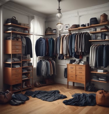 A well-lit clothing store interior featuring neatly arranged racks of clothing. There are various sections with diverse apparel including shirts, jackets, and pants in multiple colors. The center displays handbags and a table with folded clothes. The store has a modern design with wooden flooring and spotlights on the ceiling.