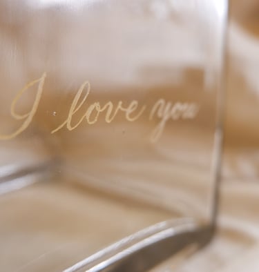 Hand engraved glass vase with I love you customized by New York City engraver Handwritten by Belle.