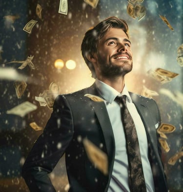 imagem de um jovem empresário bem sucedido pensando em dinheiro.