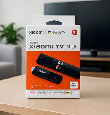 Xiaomi TV Stick 4K 2 GERAÇÃO box with Google TV remote and streaming device on a wooden table.