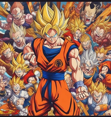A collection of anime figurines is displayed on wooden shelves with comic-style wallpaper as a decorative background. Various action figures are posed, featuring vibrant colors and iconic character designs. The setting appears to be a themed cafe or restaurant, with additional seating and hanging lights in the background.