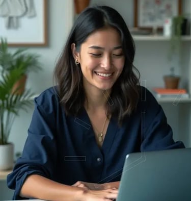 Moça mexendo sorrindo no computador
