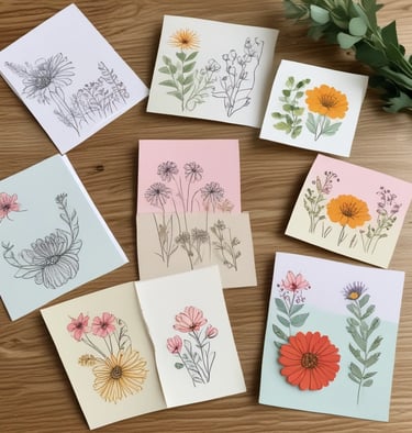 A collection of colorful greeting cards displayed on a wooden surface. The images range from illustrated faces and patterns to birthday messages with playful and humorous designs. Some cards feature people in various poses, while others have drawings like a cactus, a giraffe, and modern art-style illustrations.