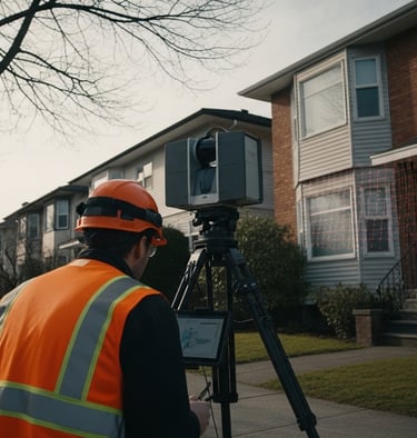 Technician using 3D laser scanning equipment to capture building measurements in Vancouver
