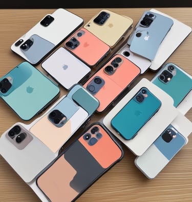 A collection of various smartphone and watch accessories is arranged neatly on a dark surface. The items include colorful phone cases with designs and labels, assorted watch bands in different materials and colors, and some packaged accessories. In addition to the tech accessories, there is a partial view of a green plant with yellow flowers and an over-ear headphone in the corner.