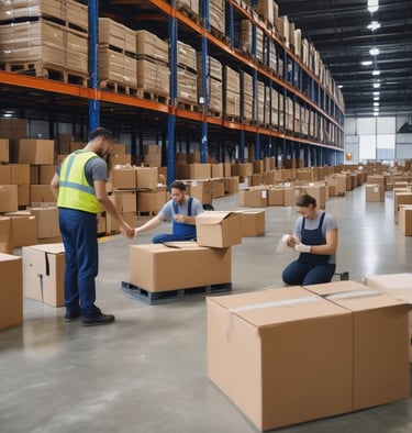 A large industrial space with massive machinery, including engines and generators. Two workers are operating and maintaining the equipment on a checkered floor under a high ceiling with steel beams.