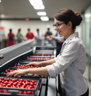 A spacious industrial facility with high ceilings and extensive use of metal and industrial materials. The interior is well-lit, featuring clean, organized rows of machinery and equipment. A single person is walking in the distance, emphasizing the scale of the space. The environment appears to be a manufacturing or industrial warehouse with marked walkways and large doors.