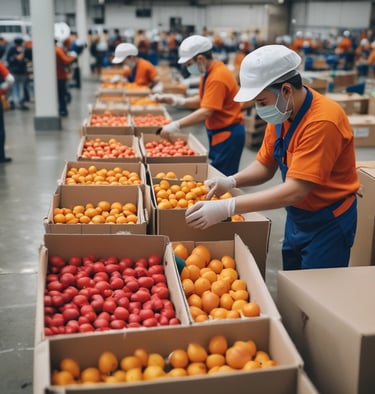 A large industrial space with massive machinery, including engines and generators. Two workers are operating and maintaining the equipment on a checkered floor under a high ceiling with steel beams.