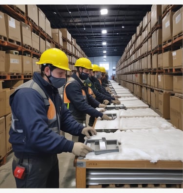 A spacious industrial facility with high ceilings and extensive use of metal and industrial materials. The interior is well-lit, featuring clean, organized rows of machinery and equipment. A single person is walking in the distance, emphasizing the scale of the space. The environment appears to be a manufacturing or industrial warehouse with marked walkways and large doors.