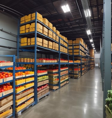 A spacious industrial facility with high ceilings and extensive use of metal and industrial materials. The interior is well-lit, featuring clean, organized rows of machinery and equipment. A single person is walking in the distance, emphasizing the scale of the space. The environment appears to be a manufacturing or industrial warehouse with marked walkways and large doors.