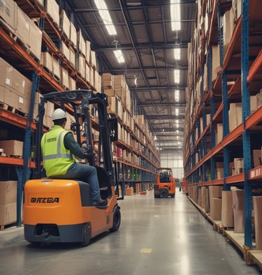 A spacious industrial facility with high ceilings and extensive use of metal and industrial materials. The interior is well-lit, featuring clean, organized rows of machinery and equipment. A single person is walking in the distance, emphasizing the scale of the space. The environment appears to be a manufacturing or industrial warehouse with marked walkways and large doors.