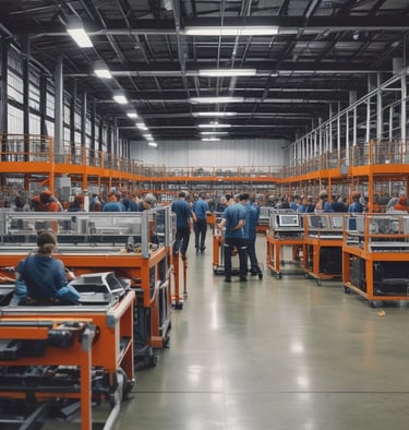 A spacious industrial facility with high ceilings and extensive use of metal and industrial materials. The interior is well-lit, featuring clean, organized rows of machinery and equipment. A single person is walking in the distance, emphasizing the scale of the space. The environment appears to be a manufacturing or industrial warehouse with marked walkways and large doors.
