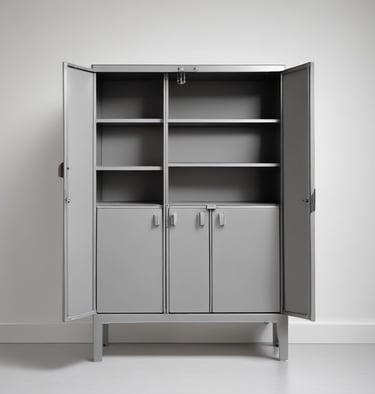 A spacious office or industrial storage space with large metal cabinets lined up along the wall, featuring circular locks. The area also includes modern office chairs and workstations with orange accents. Overhead, there is an array of exposed pipes and ventilation ducts.
