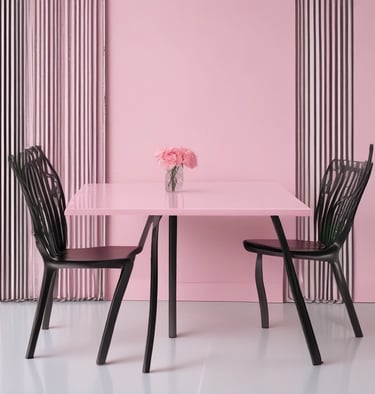 A stack of metal chairs arranged in an orderly manner, with alternating colors of red and metallic gray. The chairs are placed against a neutral-colored wall, and their industrial design is evident.