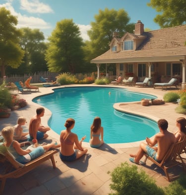 Replace with a scene of a pool on a beautiful summer day. Family is in the pool or cooking.