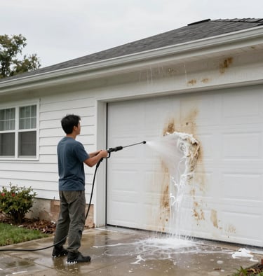 Bright, clean windows reflecting a sunny sky with a gentle hand wiping a pane.