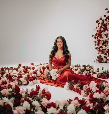 Smiling woman in a red silk dress sitting among a lush field of red and white roses in a studio.