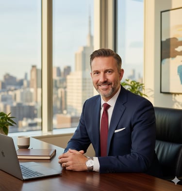 Smiling business executive in a navy suit and red tie sitting at a desk in a high-rise office with a city view.