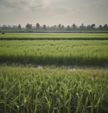 A scenic view of a lush green paddy field.