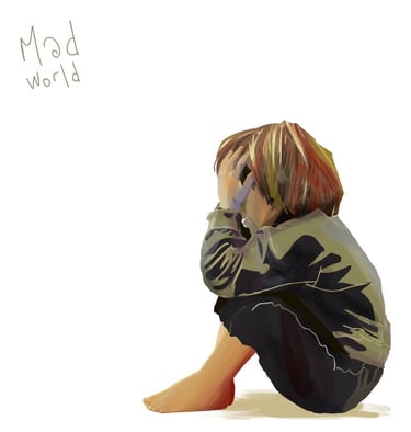 Petit gaçon assis par terre qui se prend la tête dans les mains. Le mot mad world lui fait face.