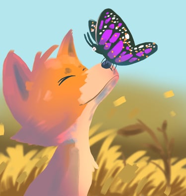 An orange fox sniffing a purple and black butterfly in a golden field