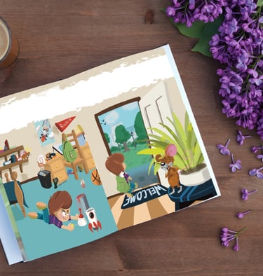 A story book showing a scene of a boy and a mouse and a rocket ship adventure.