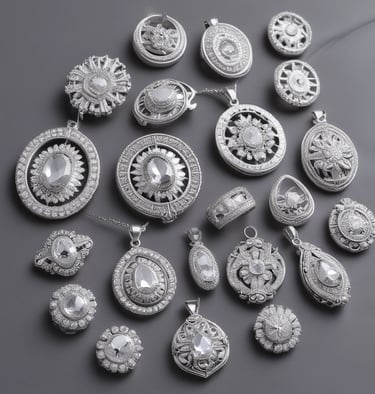 Several chains featuring large, glittering pendants and a bracelet are showcased, all encrusted with sparkling stones. The pendants and the bracelet have a gold hue, with the letters 'SM' prominently displayed on some of the pendants.