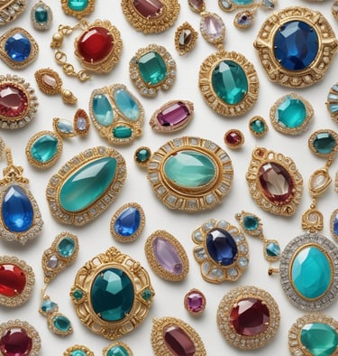 A collection of jewelry and accessories spread on a red velvet surface. Various items include earrings, rings, necklaces, and bracelets in different designs and colors such as silver, gold, and black. Some pieces have gemstone embellishments, while others have intricate metalwork.