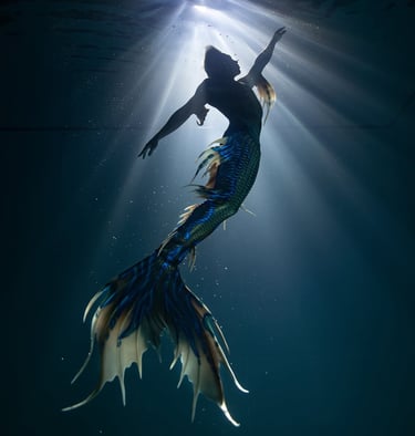 Afa Zhang in beautiful merman costume in mysterious lighting in the ocean. Photo by @pepearcos