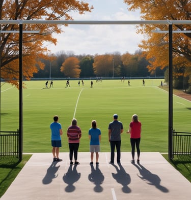 A complex arrangement of various sports equipment and attire, including tennis rackets, soccer balls, basketballs, helmets, shoes, gloves, and a mannequin torso wearing a T-shirt. The items are layered and artistically displayed in a monochrome color scheme, creating an intricate texture and visual pattern.