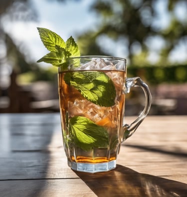 a clear cup of peppermint iced tea on a table