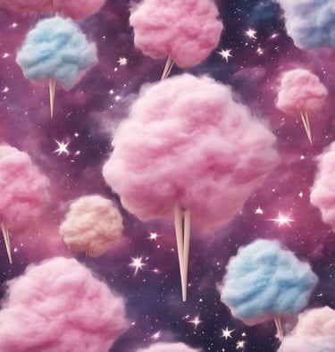 a bunch of cotton candy floss on a galaxy - like background