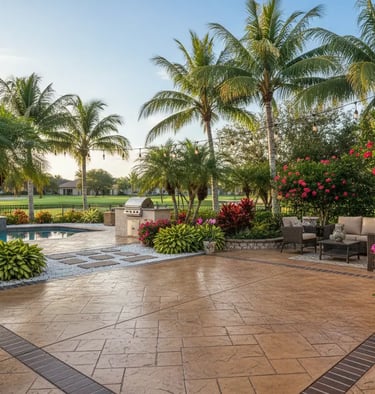high-end stamped concrete patio with intricate patterns in a Florida backyard. Features decorative borders, colored concrete