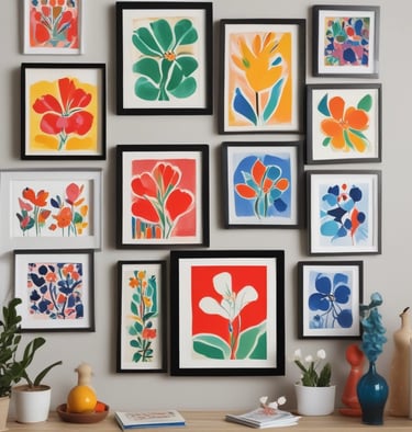 An abstract painting displayed on a wall.