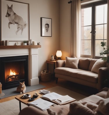 A bookstore window display with a variety of books and postcards. The books are neatly arranged on shelves with numerous titles visible, including travel guides and literature. Next to the display, there is a rotating stand filled with postcards featuring artistic and scenic designs.